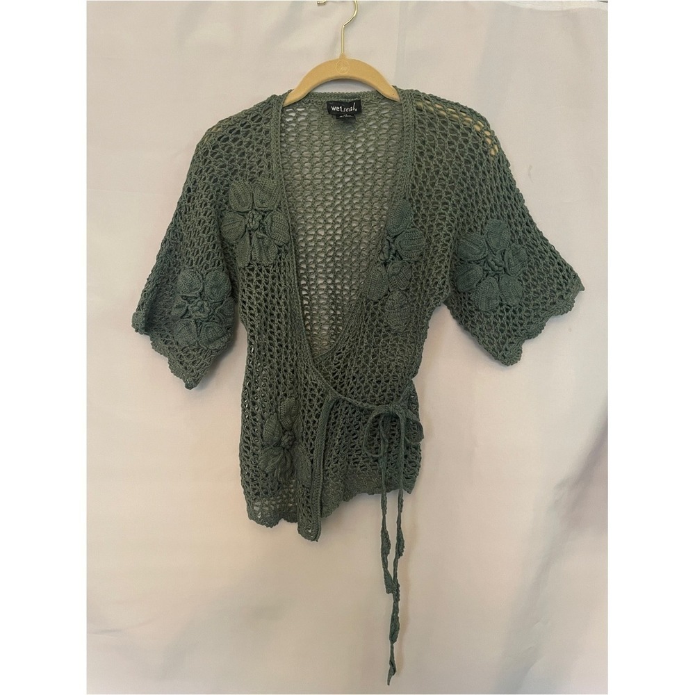 Wet Seal Olive Green Crochet Cross Tie-Front Cardigan floral dyed Fairy Y2K Boho
